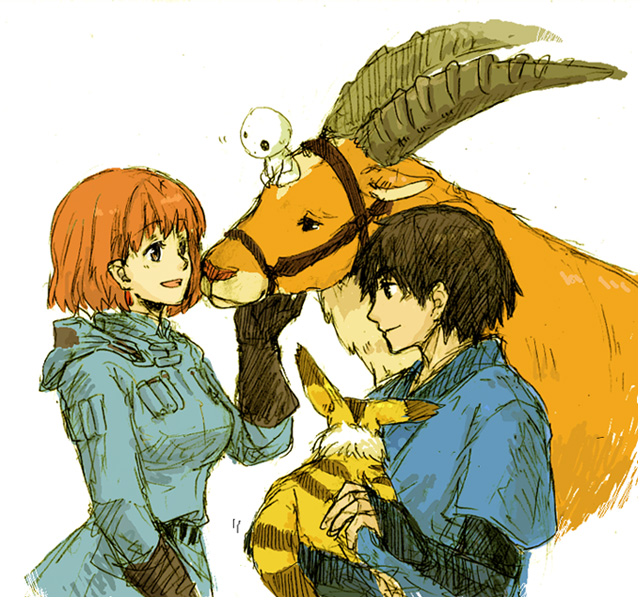 ashitaka, bridle, brown_eyes, brown_hair, company_connection, crossover, earrings, fingerless_gloves, ghibli, gloves, jewelry, kaze_no_tani_no_nausicaa, kodama, mononoke_hime, nausicaa, short_hair, sketch, studio_ghibli, suguru_(tobiume), teto, yakuru