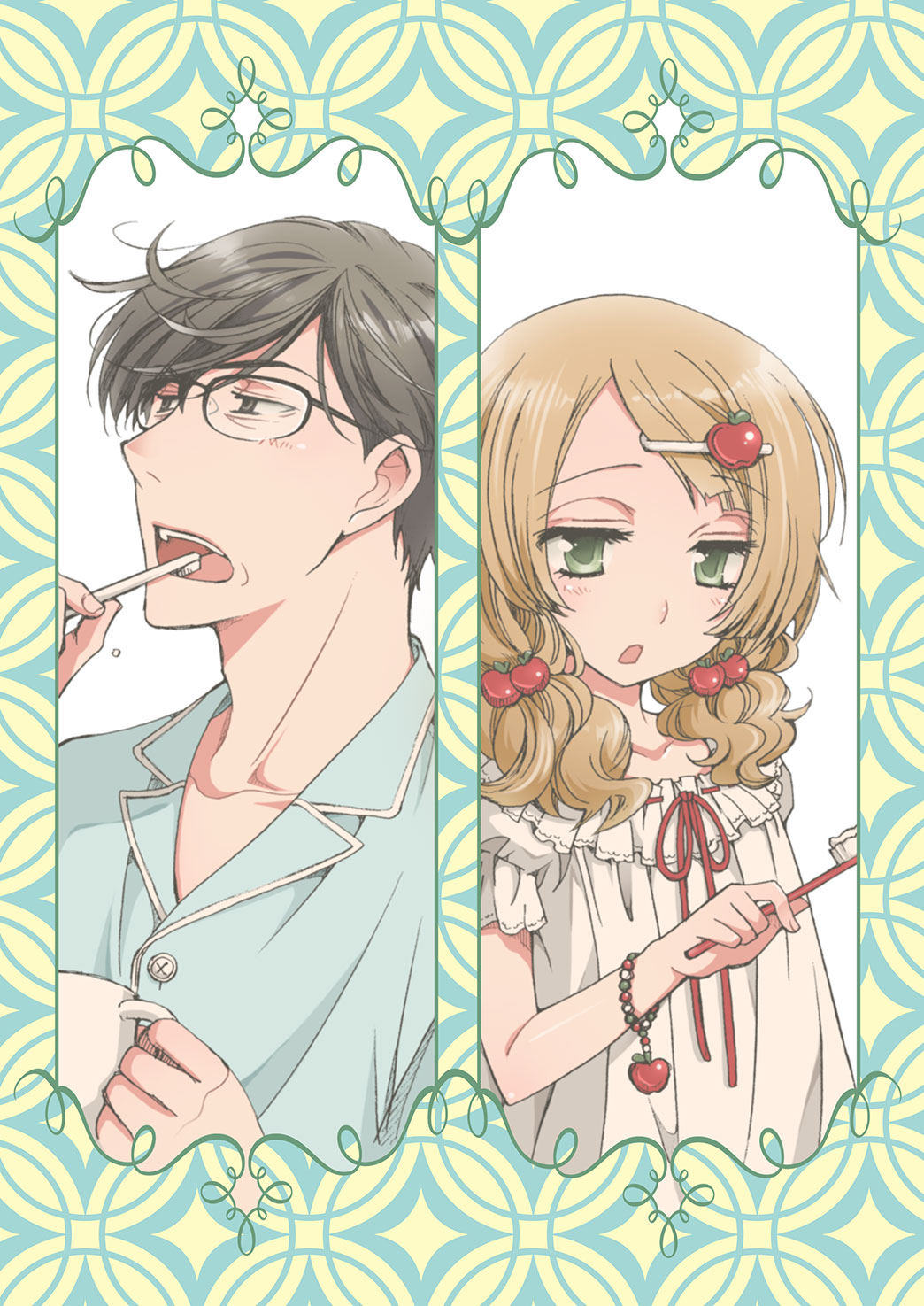 1boy, 1girl, alternate_costume, alternate_hairstyle, apple_hair_ornament, black_eyes, black_hair, bracelet, brown_hair, brushing_teeth, child, food-themed_hair_ornament, glasses, green_eyes, hair_ornament, hairclip, highres, jewelry, karen_(koisuru_ojou-sama_wa_papa_to_yobitakunai), kinoshita_sakura, koisuru_ojou-sama_wa_papa_to_yobitakunai, long_hair, low_twintails, official_art, open_mouth, pajamas, toothbrush, twintails, wavy_hair, yashiro_masamune