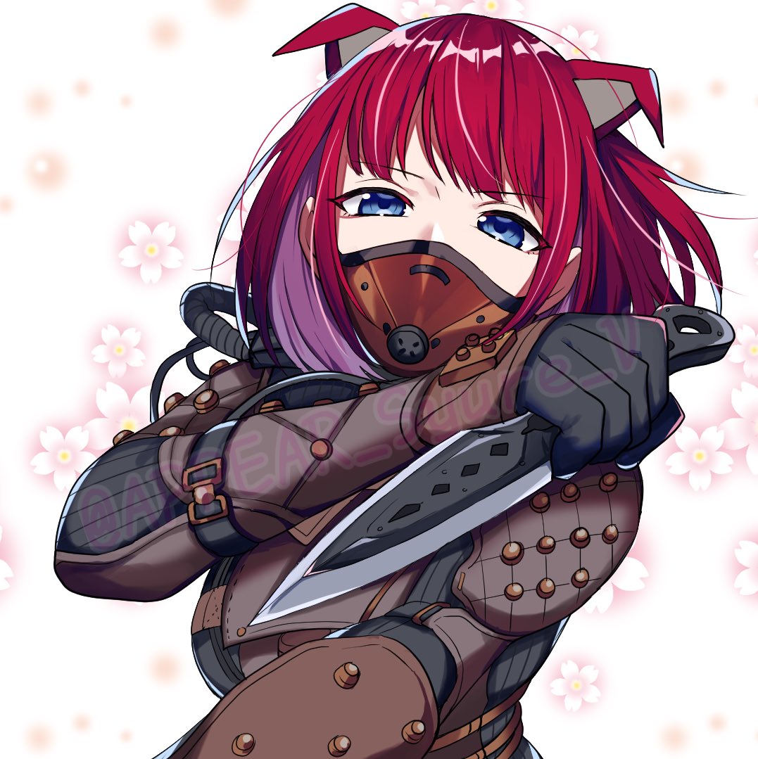 1girl, airship_assassin_wraith, apex_legends, appear, blue_eyes, breasts, brown_bodysuit, colored_inner_hair, cosplay, flower, hiichigo_shure, holding, holding_knife, knife, kunai, looking_at_viewer, mashiro_(rikuya), mask, mechanical_wings, medium_breasts, mouth_mask, multicolored_hair, portrait, purple_hair, redhead, second-party_source, solo, twitter_username, virtual_youtuber, watermark, weapon, white_background, wings, wraith_(apex_legends), wraith_(apex_legends)_(cosplay)
