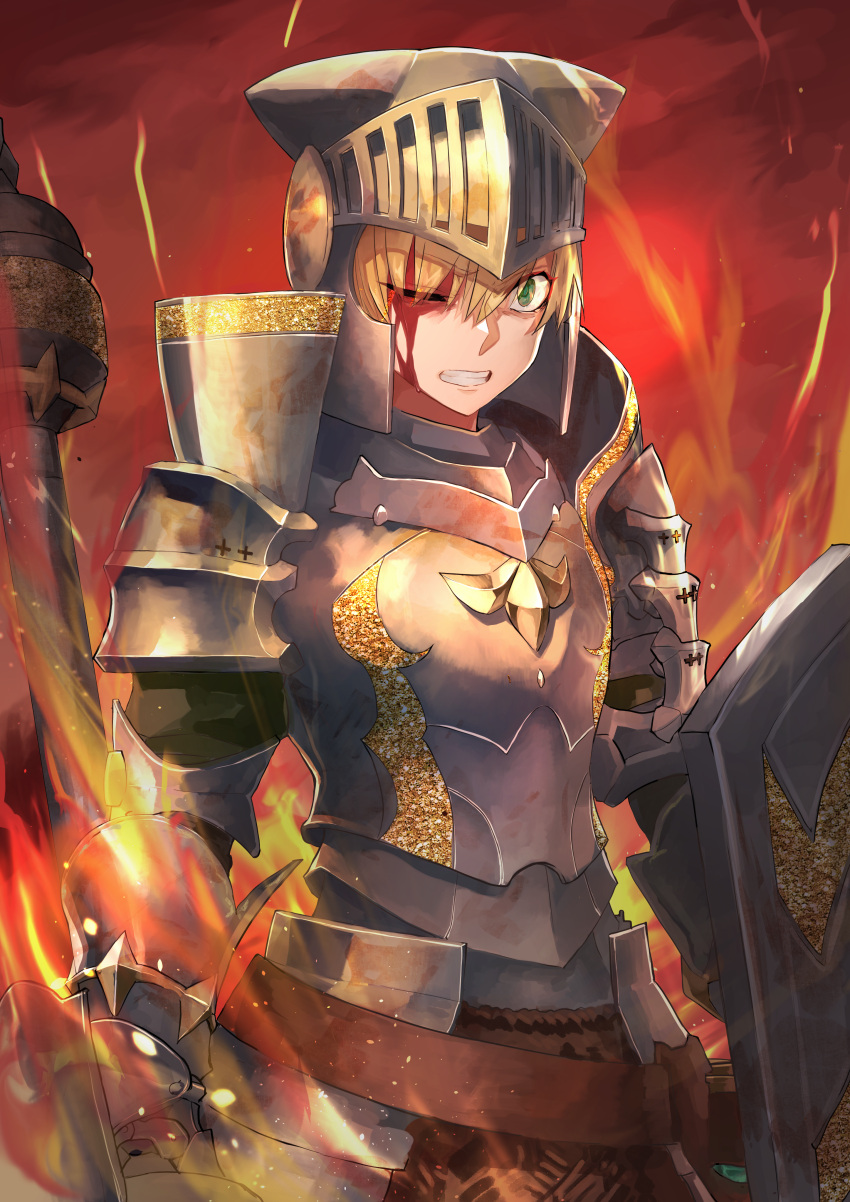 1girl, absurdres, armor, blonde_hair, blood, blood_on_face, clenched_teeth, fate/grand_order