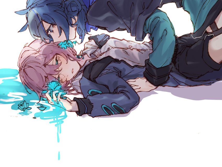 2girls, animal_ears, arknights, bangs, blue_eyes, blue_hair, blue_poison_(arknights), blush