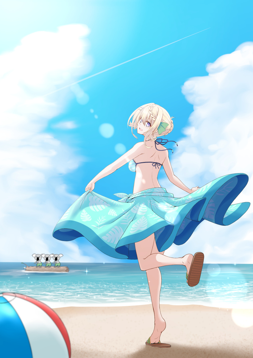 1girl, absurdres, beach, bikini, blonde_hair, blue_sky, braid, braided_bangs