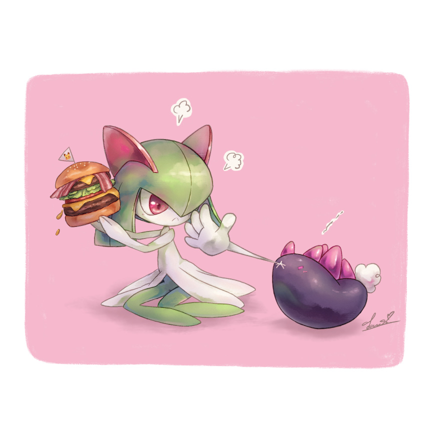 :<, =3, bacon, border, burger, cheese, closed_mouth, commentary_request
