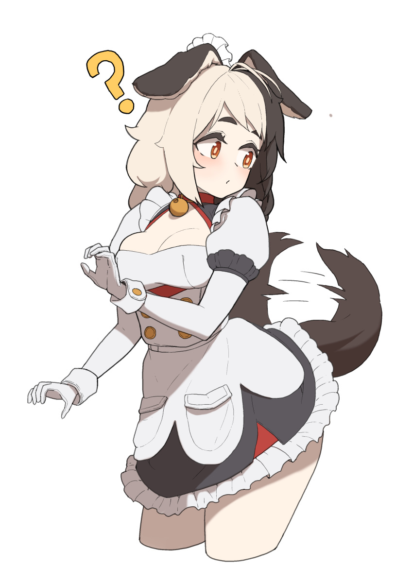 1girl, ?, absurdres, animal_ears, bell, black_hair, collar, dog_ears, dog_girl, dog_tail, dress, elbow_gloves, gloves, hachiko_of_castling, highres, last_origin, maid, multicolored_hair, neck_bell, red_eyes, scemonkey, solo, tail, tail_wagging, two-tone_hair, white_background, white_gloves, white_hair