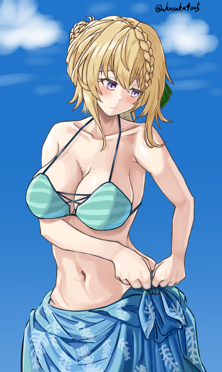 1girl, absurdres, akasaka4005, bikini, blonde_hair, blue_sky, braid, braided_bangs