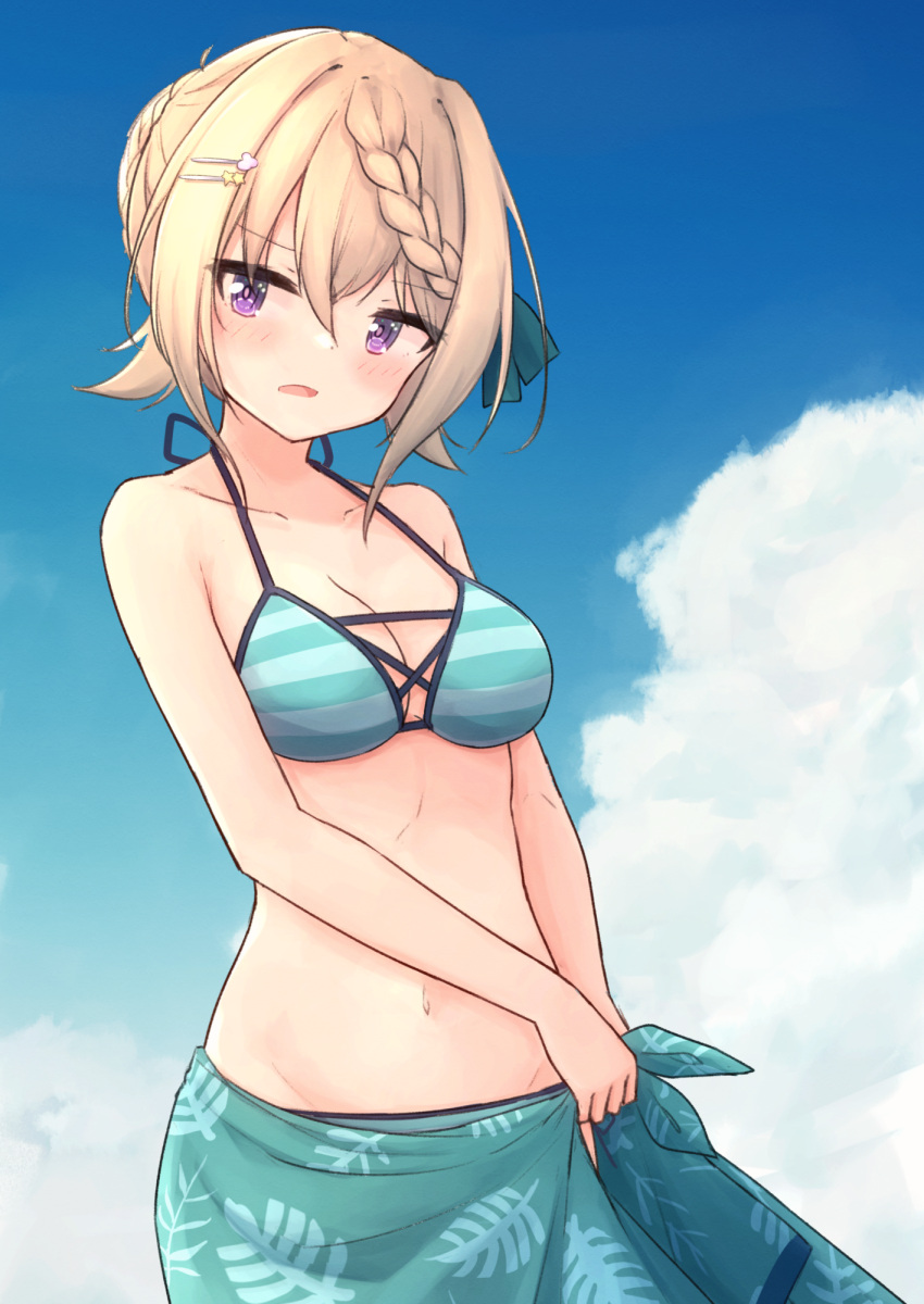 1girl, bikini, blonde_hair, blue_sky, braid, braided_bangs, braided_bun, breasts
