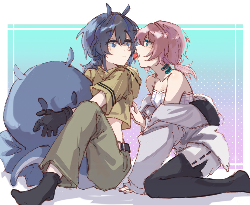 2girls, animal_ears, arknights, bangs, bare_shoulders, black_gloves, blue_eyes, blue_hair, blue_poison_(arknights), blue_poison_(shoal_beat)_(arknights), blush, crop_top, doll_hug, e-fa-dorn, glaucus_(arknights), glaucus_(exterminator_in_the_square)_(arknights), gloves, highres, hood, hood_down, jacket, low_twintails, multicolored_hair, multiple_girls, off_shoulder, official_alternate_costume, pants, pink_hair, shirt_tug, short_sleeves, shorts, spaghetti_strap, streaked_hair, stuffed_animal, stuffed_toy, tail, twintails, white_jacket, yuri
