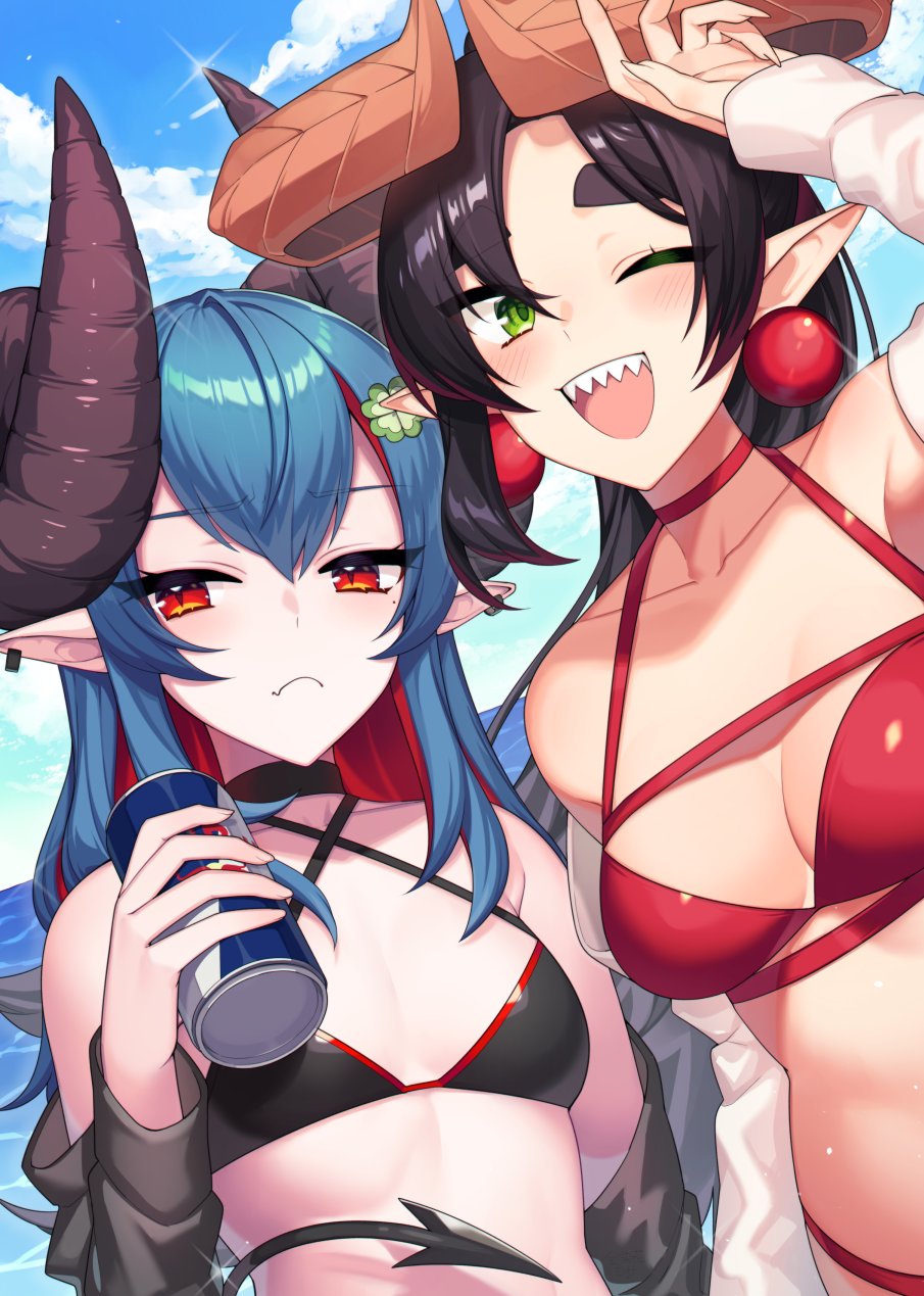 2girls, ;d, arm_up, bare_shoulders, bikini, black_bikini, black_choker, black_hair