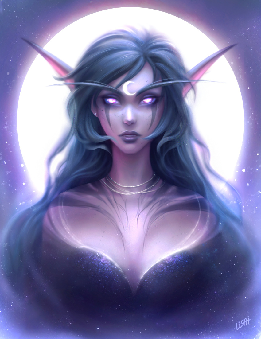 1girl, alisa_nilsen, elf, facial_mark, forehead_jewel, full_moon, green_hair, highres