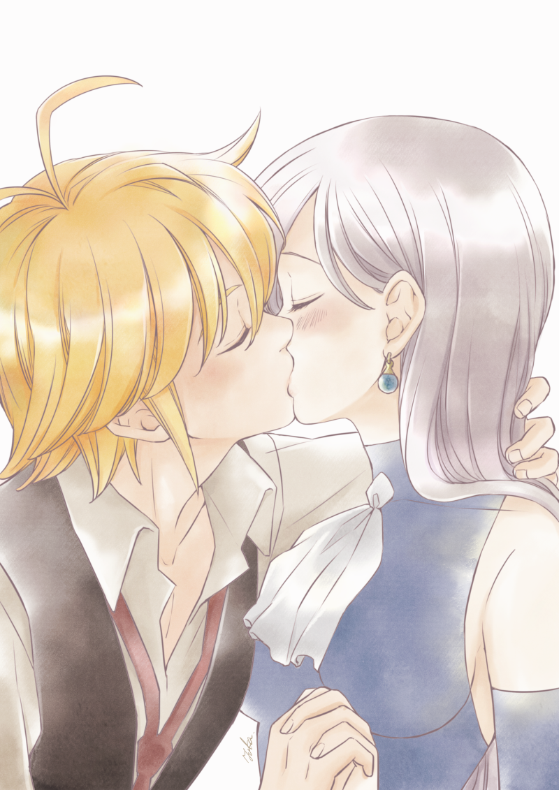 1boy, 1girl, antenna_hair, black_vest, blonde_hair, blue_shirt, blue_sleeves, blush