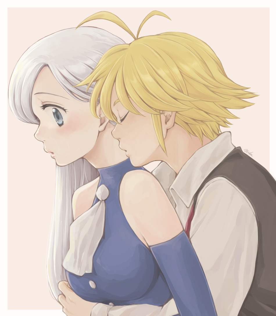 1boy, 1girl, antenna_hair, ascot, black_vest, blonde_hair, blue_eyes, blue_shirt