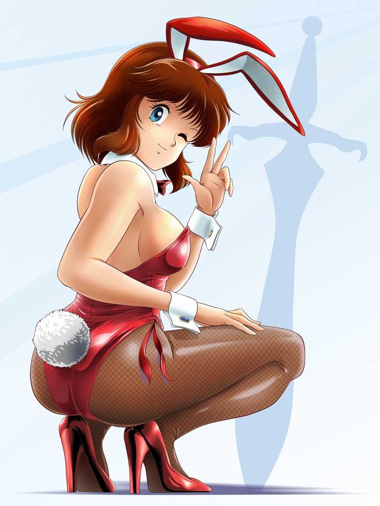 1girl, animal_ears, ass, banned_artist, blue_eyes, bow, bowtie, brown_hair