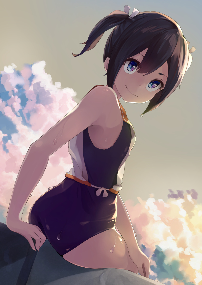 1girl, black_hair, blue_eyes, clouds, commentary_request, cosplay, cowboy_shot, gradient_sky, highres, i-401_(kancolle), i-401_(kancolle)_(cosplay), kantai_collection, long_hair, looking_at_viewer, orange_sailor_collar, rock, sailor_collar, school_swimsuit, shirt, side-tie_shirt, sitting, sky, sleeveless, sleeveless_shirt, solo, souryuu_(kancolle), swimsuit, swimsuit_under_clothes, taisho_(gumiyuki), twintails, younger