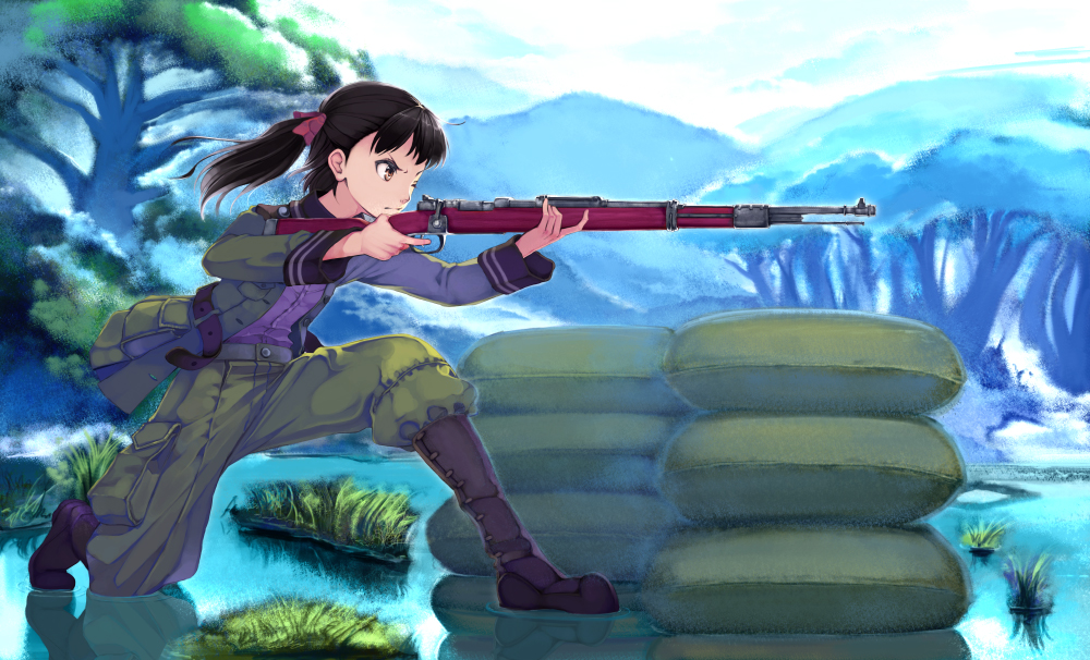 bolt_action, boots, bow, gun, hair_bow, kurokurokuro, mauser_98, military