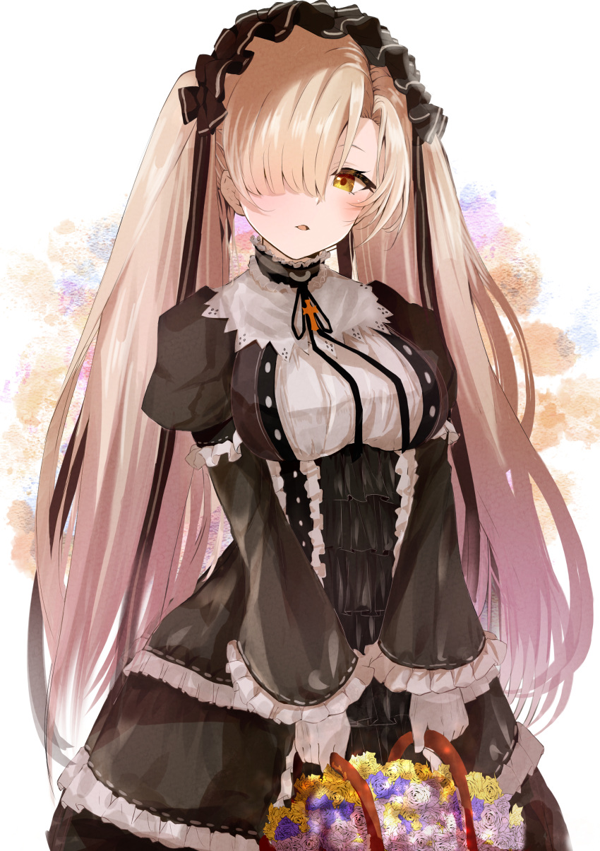 1girl, absurdres, alternate_costume, azur_lane, basket, black_hairband, breasts, dress