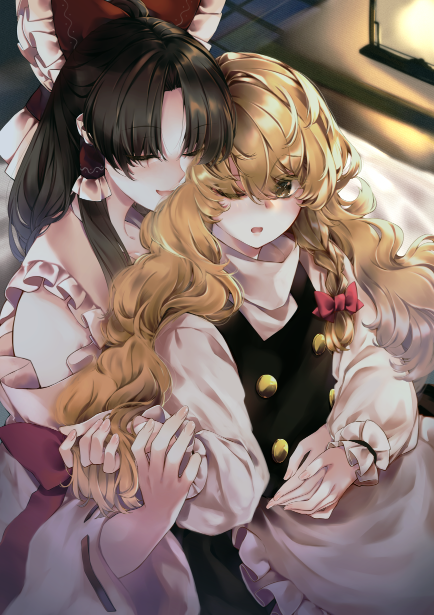 2girls, apron, bangs, bare_shoulders, bed, black_dress, black_hair, blonde_hair