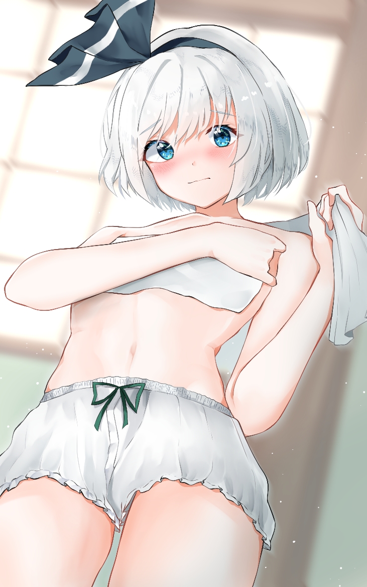 1girl, 258n, bandages, bloomers, blue_eyes, blush, covering, covering_breasts, hairband, indoors, konpaku_youmu, navel, ribbon, sarashi, short_hair, silver_hair, solo, thighs, topless, touhou, underwear, underwear_only, white_bloomers, window, wrapping