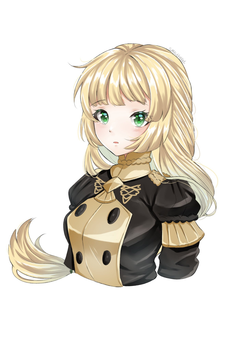 1girl, bangs, black_jacket, blonde_hair, blush, breasts, commentary, cropped_torso