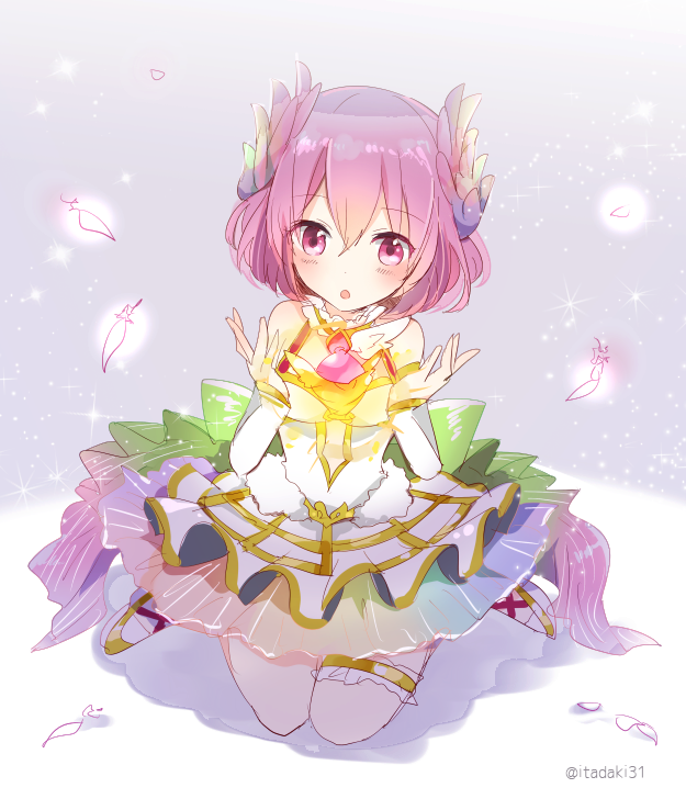1girl, :o, bare_shoulders, blush, detached_sleeves, dress, eyebrows_visible_through_hair, feathers