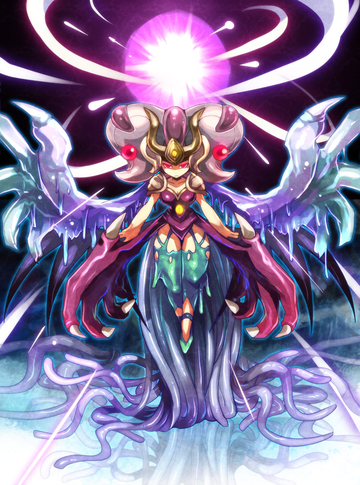 1girl, breasts, character_request, claws, closed_mouth, commentary_request, dress, emon-yu, full_body, light_trail, looking_at_viewer, medium_breasts, monster_girl, purple_dress, ragnarok:_guild_masters, ragnarok_online, red_eyes, shaded_face, slime_(substance), solo, tentacles