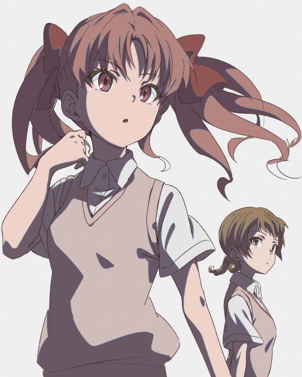 2girls, bangs, beige_vest, bow, braid, breasts, brown_eyes, brown_hair, character_request, collared_shirt, eyebrows_visible_through_hair, hair_bow, highres, isshou, makigami_komaki, multiple_girls, parted_bangs, parted_lips, red_bow, school_uniform, shirai_kuroko, shirt, short_sleeves, small_breasts, sweater_vest, toaru_kagaku_no_railgun, toaru_majutsu_no_index, tokiwadai_school_uniform, twin_braids, twintails, wavy_hair, white_background, white_shirt