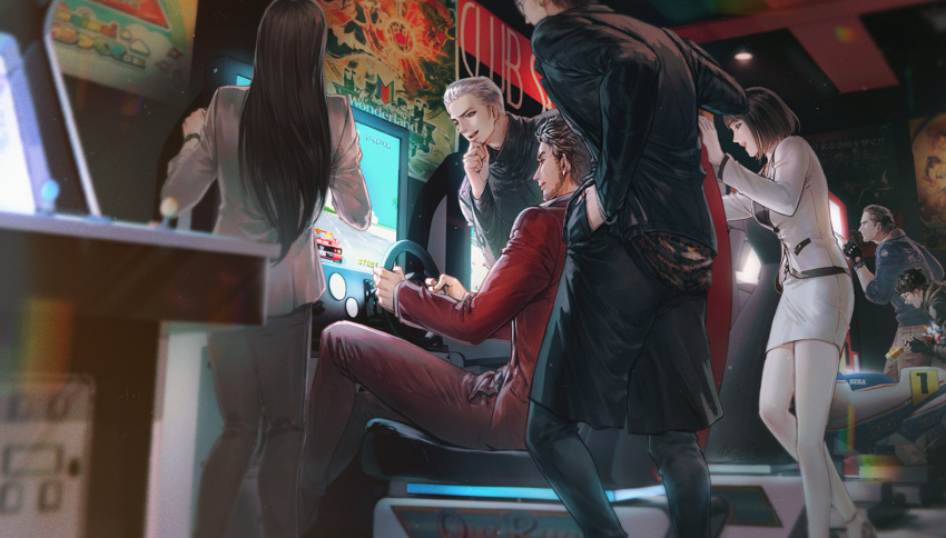 2girls, 5boys, adachi_kouichi, arcade, black_gloves, black_hair, gloves, grey_jacket, group_picture, hair_slicked_back, han_joon-gi, jacket, jiao_mao, kamataki_eri, kasuga_ichiban, long_hair, mukoda_saeko, multiple_boys, multiple_girls, nanba_yuu, outrun, pants, red_jacket, ryuu_ga_gotoku, ryuu_ga_gotoku_7, shirt, shorts, sleeves_rolled_up, smile, sunglasses, super_hang-on, white_jacket, zhao_tianyou