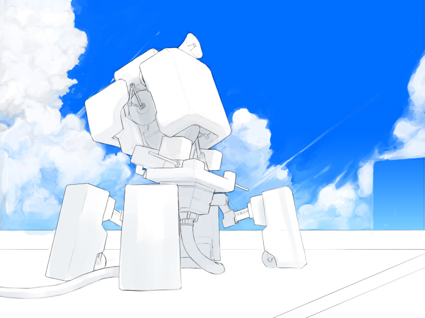 blue_sky, cable, clouds, cloudy_sky, greyscale, looking_up, lordroach, mecha