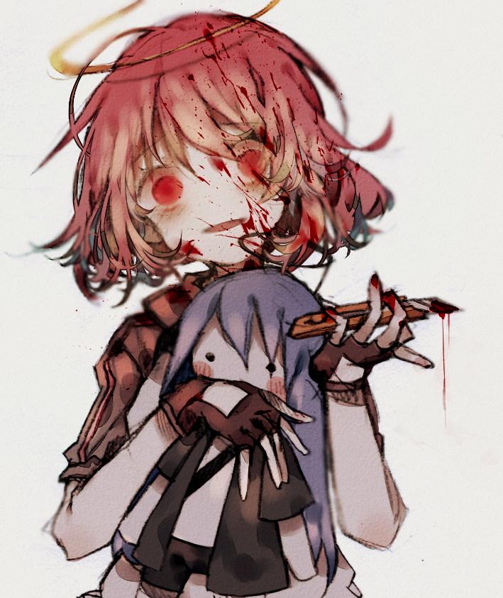 1girl, arknights, black_gloves, blood, blood_on_face, bloody_knife, blush, character_doll, doll_hug, exusiai_(arknights), eyebrows_visible_through_hair, fingerless_gloves, gloves, holding, holding_knife, knife, looking_at_viewer, mimusops_zeyheri, mostima_(arknights), red_eyes, redhead, short_hair, upper_body, yandere