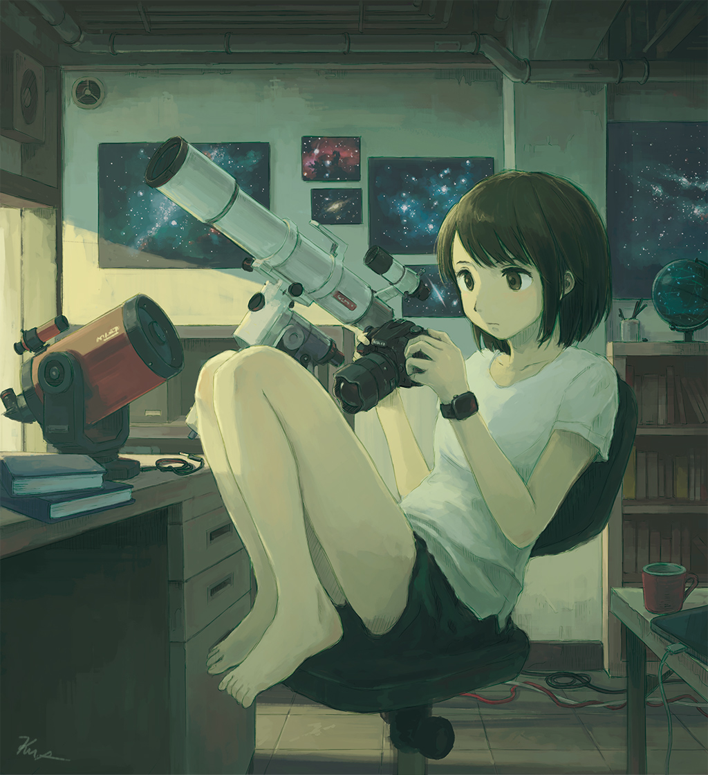 1girl, artist_name, bangs, barefoot, black_shorts, bob_cut, book, brown_eyes, brown_hair, cable, camera, chair, closed_mouth, coffee_mug, commentary, cup, desk, expressionless, galaxy, holding, holding_camera, kensight328, looking_at_object, mug, office_chair, on_chair, original, photo_(object), pipe, shadow, shirt, short_hair, shorts, signature, sitting, solo, star_map, swept_bangs, t-shirt, tablet_pc, telescope, tile_floor, tiles, watch, white_shirt