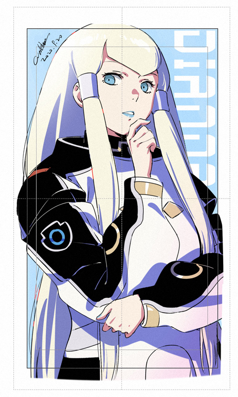 1girl, aqua_eyes, aqua_lips, aqua_nails, blonde_hair, character_name, dated, dianna_soreil