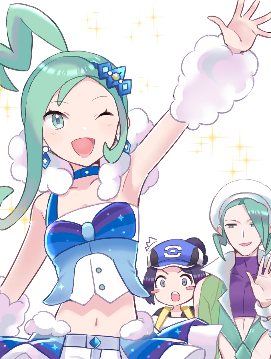 1boy, 2girls, ;d, ^^^, arm_up, arm_warmers, bangle, baseball_cap