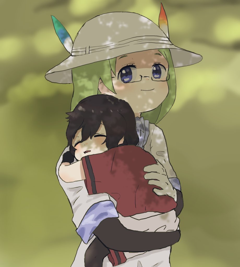 2girls, beige_shorts, black_gloves, black_hair, black_legwear, blue_eyes, blush, camouflage_trim