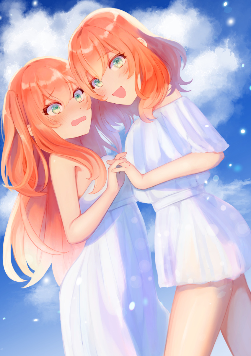 2girls, asymmetrical_docking, bangs, breast_press, breasts, clouds, dress, embarrassed
