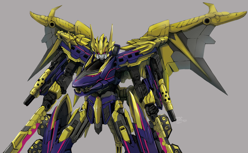 black_shinkalion_berserker_mode, dual_wielding, geri_kumaarashi, grey_background, holding, holding_sword, holding_weapon, looking_at_viewer