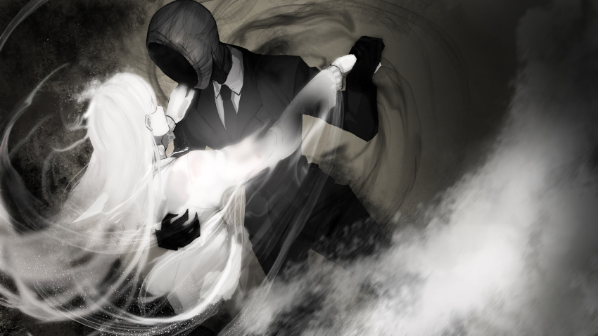 1boy, 1girl, absurdres, angelica_ainsworth, aura, black_gloves, black_neckwear, black_vs_white