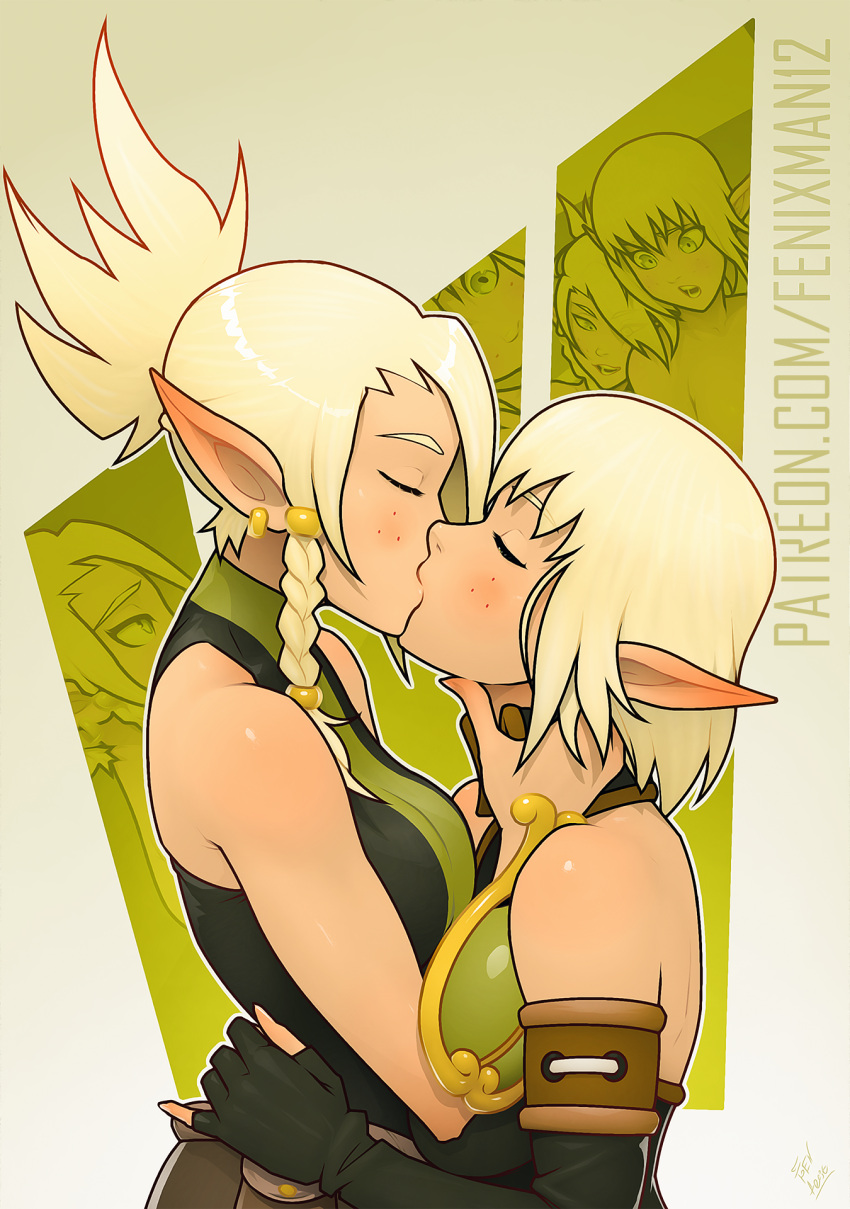 2girls, armor, artist_name, bangs, bare_back, bare_shoulders, beads, belt_pouch