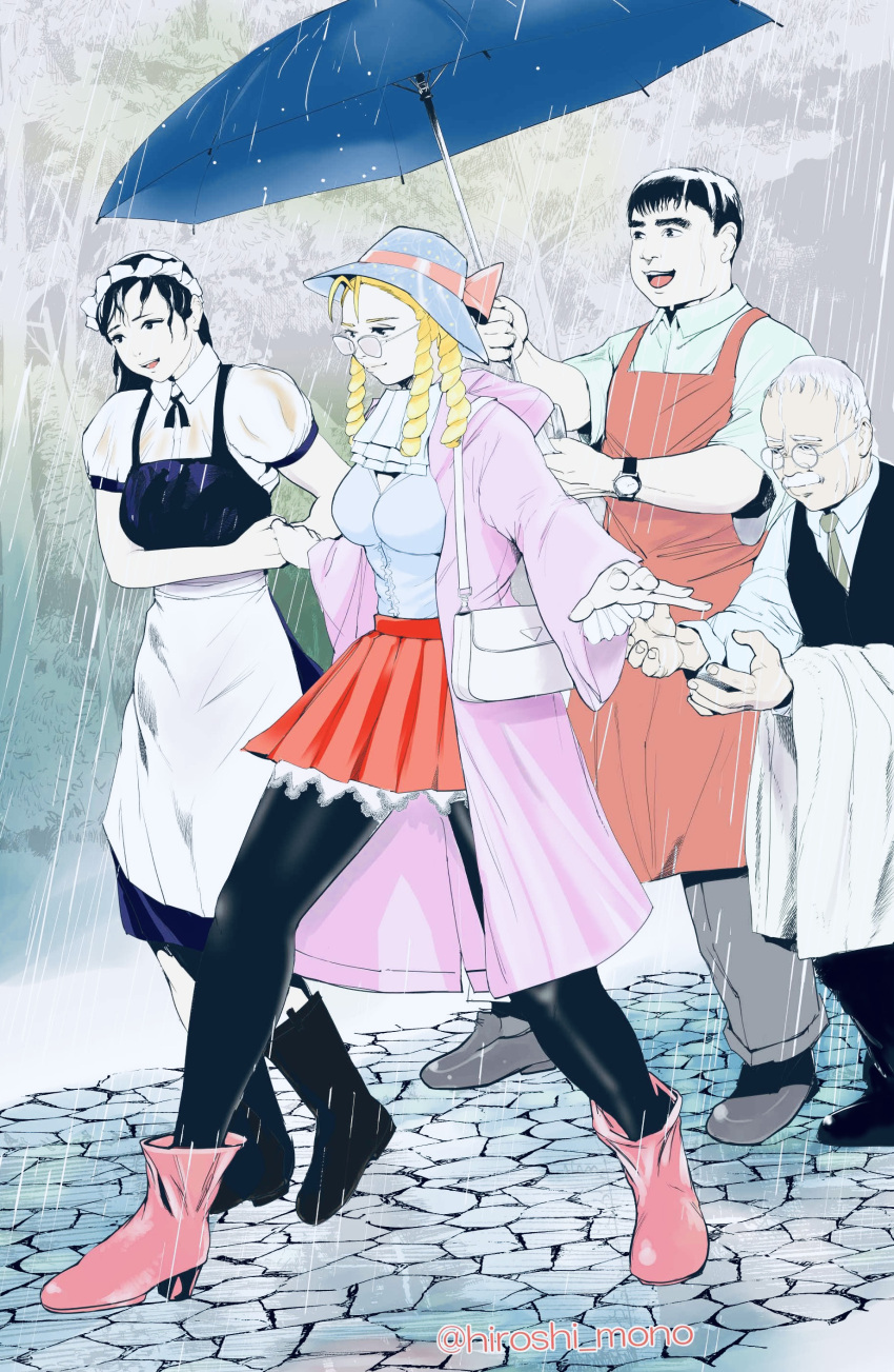 2boys, 2girls, absurdres, apron, bag, black_eyes, black_hair, black_legwear