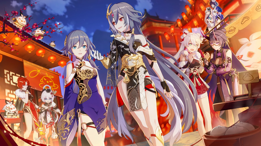 +_+, 6+girls, :d, architecture, asymmetrical_gloves, asymmetrical_sleeves, bangs, baozi, bare_shoulders, bird, black_gloves, blue_eyes, blue_hair, bronya_zaychik, chair, chicken, china_dress, chinese_architecture, chinese_clothes, chinese_new_year, clouds, cloudy_sky, dango, dress, dual_persona, east_asian_architecture, fingerless_gloves, food, fu_hua, fu_hua_(herrscher_of_sentience), fu_hua_(valkyrie_accipter), glasses, gloves, grey_hair, hair_between_eyes, hair_ornament, highres, holding, holding_food, honkai_(series), honkai_impact_3rd, horns, kiana_kaslana, kiana_kaslana_(divine_prayer), lantern, long_hair, mismatched_gloves, multicolored_hair, multiple_girls, murata_himeko, murata_himeko_(vermillion_knight), night, night_sky, official_art, open_mouth, outdoors, purple_hair, raiden_mei, raiden_mei_(herrscher_of_thunder), redhead, saliva, seele_vollerei, seele_vollerei_(stygian_nymph), short_hair, sky, smile, streaked_hair, theresa_apocalypse, theresa_apocalypse_(starlit_astrologos), tree_branch, uneven_sleeves, violet_eyes, wagashi, white_gloves, white_hair, yellow_eyes, zhuge_kongming_(honkai_impact)