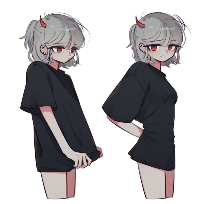 1girl, arm_behind_back, bangs, bare_legs, black_shirt, breasts, closed_mouth, commentary_request, cowboy_shot, cropped_legs, demon_horns, ear_piercing, embarrassed, eyebrows_visible_through_hair, fang, from_side, horns, korean_commentary, long_shirt, looking_at_viewer, multiple_views, myeong7m, original, pajamas_challenge, piercing, red_eyes, red_horns, shirt, short_hair, short_ponytail, short_sleeves, silver_hair, simple_background, slit_pupils, small_breasts, t-shirt, white_background