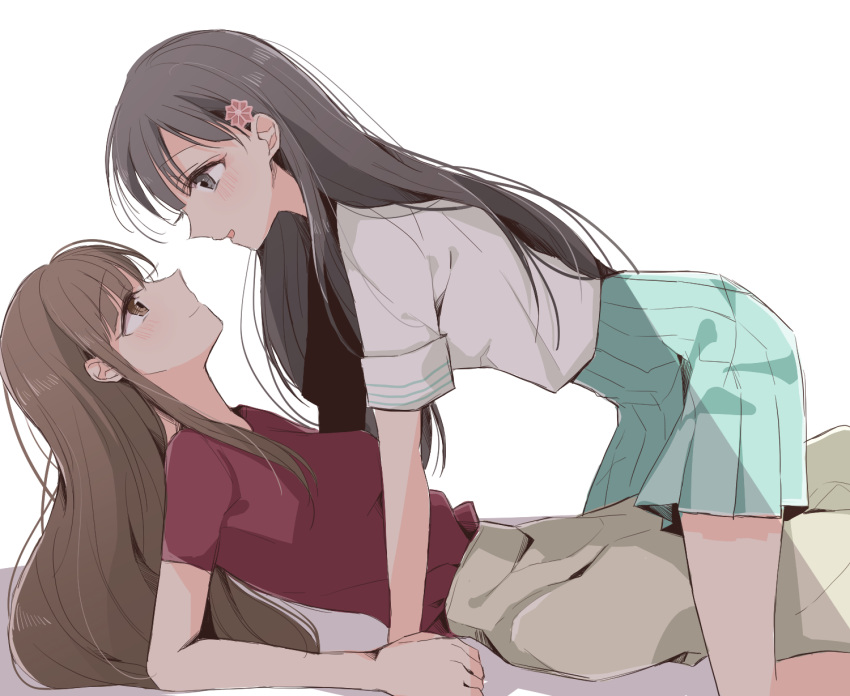 2girls, all_fours, azuko_(ampenm), blush, brown_hair, character_request, closed_mouth, commentary_request