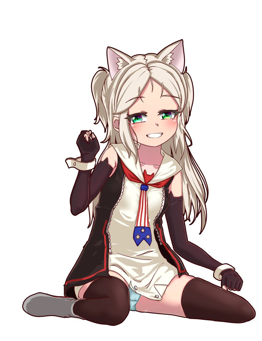 1girl, american_flag_neckwear, animal_ear_fluff, animal_ears, aqua_panties, azur_lane, bangs, black_legwear, blush, cat_ears, commentary_request, dedorudy, detached_sleeves, fingerless_gloves, forehead, gloves, grey_eyes, grey_hair, grin, head_tilt, highres, narrowed_eyes, necktie, panties, pantyshot, parted_bangs, paw_pose, sailor_collar, simple_background, sims_(azur_lane), sitting, smile, solo, teeth, thigh-highs, underwear, wariza, white_background, wrist_cuffs