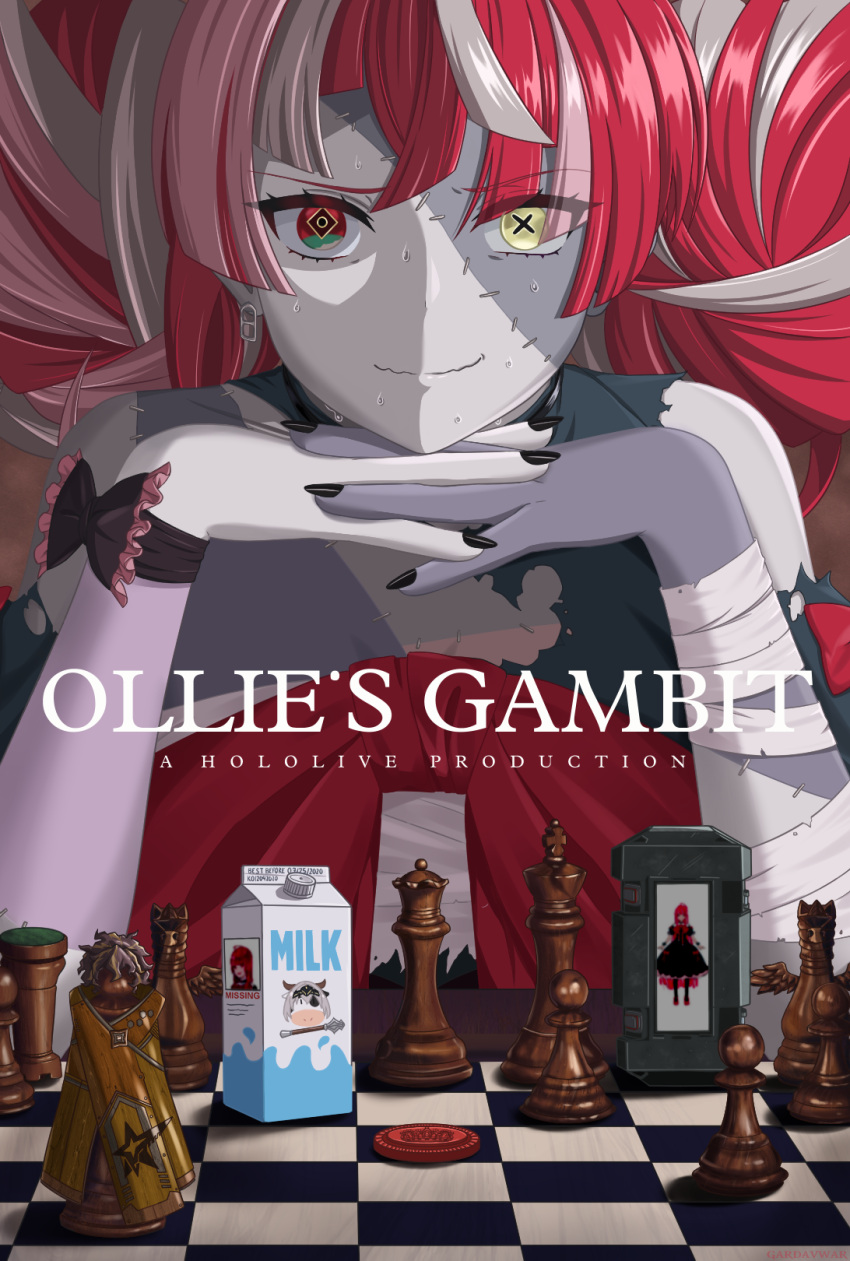 1girl, astel_leda, bandaged_arm, bandages, black_nails, board_game, checkers_piece, chess