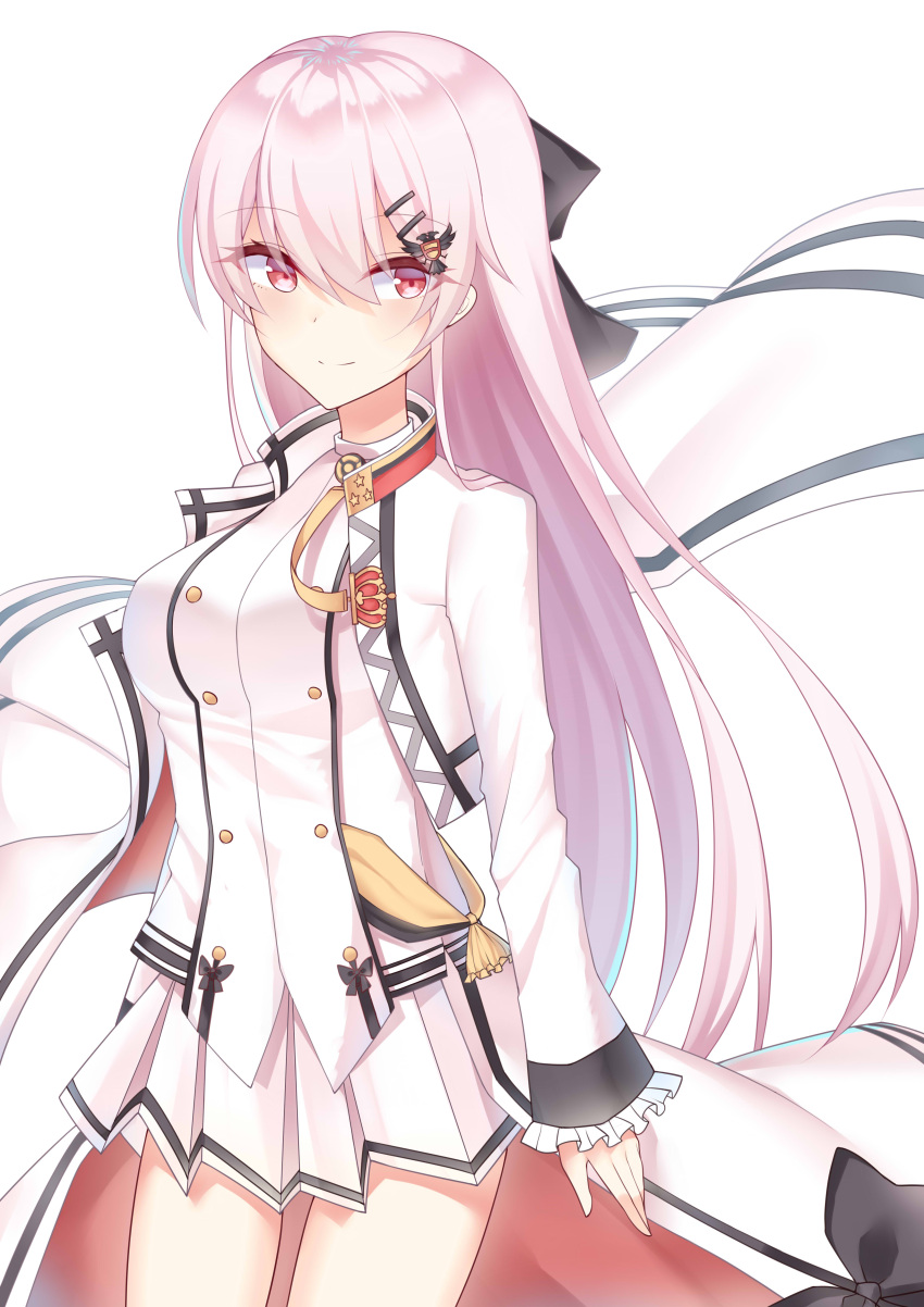 1girl, absurdres, alternate_hair_color, bangs, black_bow, bow, breasts, cape, chinese_commentary, coat, cowboy_shot, eyebrows_visible_through_hair, floating_cape, girls_frontline, hair_between_eyes, hair_bow, hair_ornament, hairclip, highres, iws_2000_(girls_frontline), ji_nian, long_hair, long_sleeves, looking_at_viewer, medium_breasts, military, military_uniform, overcoat, pink_hair, pleated_skirt, red_eyes, shirt, simple_background, skirt, smile, solo, uniform, white_background, white_cape, white_coat, white_shirt, white_skirt