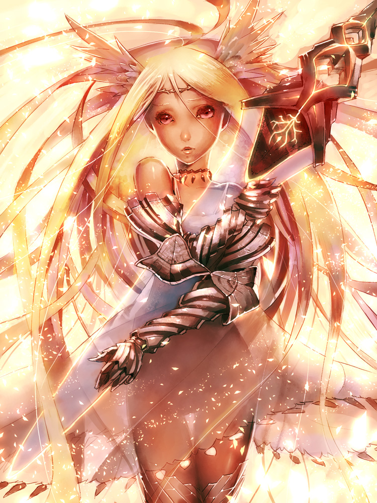 armor, armored_dress, bare_shoulders, blonde_hair, head_wings, headwings, jewelry, lips