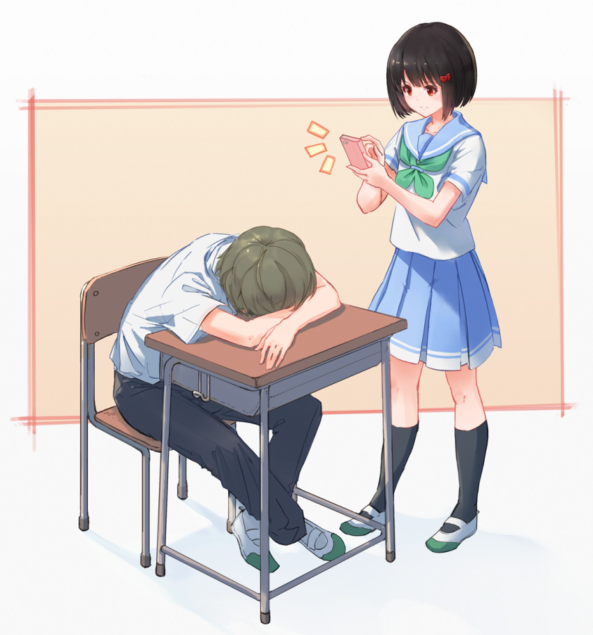 1777_kaki, 1boy, 1girl, bangs, black_hair, black_legwear, black_pants, blue_sailor_collar
