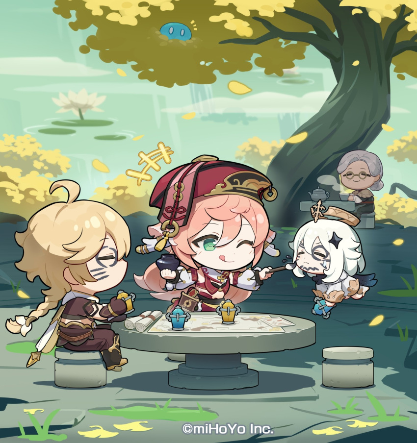 1boy, 3girls, aether_(genshin_impact), antlers, blonde_hair, braid, chair, chibi