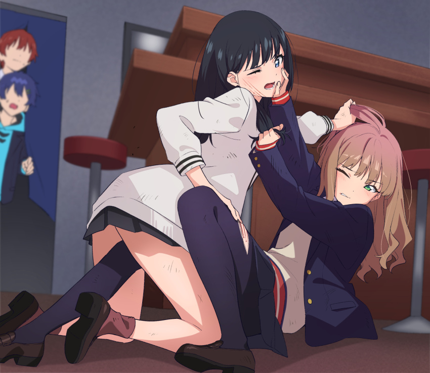 2boys, 2girls, asanaka_yomogi, cafe, catfight, crossed_arms, fighting, gridman_universe