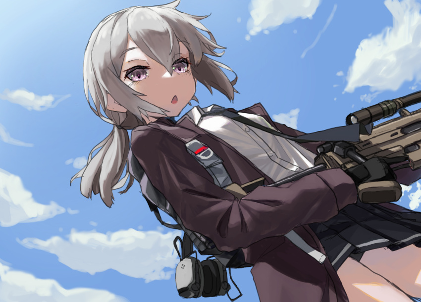 1girl, backpack, bag, black_gloves, black_neckwear, black_panties, black_skirt, bolt_action, chestnut_mouth, cheytac_m200, clouds, cloudy_sky, collared_shirt, commentary_request, dutch_angle, from_below, girls_frontline, gloves, grey_hair, gun, hair_between_eyes, headset, headset_removed, holding, holding_gun, holding_weapon, jacket, long_hair, looking_at_viewer, m200_(girls_frontline), necktie, open_clothes, open_jacket, open_mouth, panties, pantyshot, pleated_skirt, ponytail, rifle, scope, shirt, skirt, sky, sniper_rifle, solo, trigger_discipline, underwear, upskirt, violet_eyes, weapon, white_shirt, yanagui