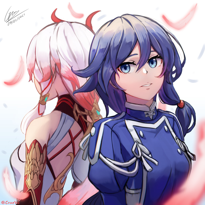 2girls, absurdres, back, bangs, bare_shoulders, black_hair, blue_eyes, blue_jacket