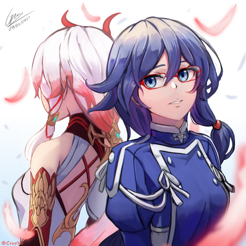 2girls, absurdres, back, bangs, bare_shoulders, black_hair, blue_eyes, blue_jacket